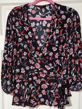 Banana Republic Black Floral Wrap Blouse with Pink & Red Flowers